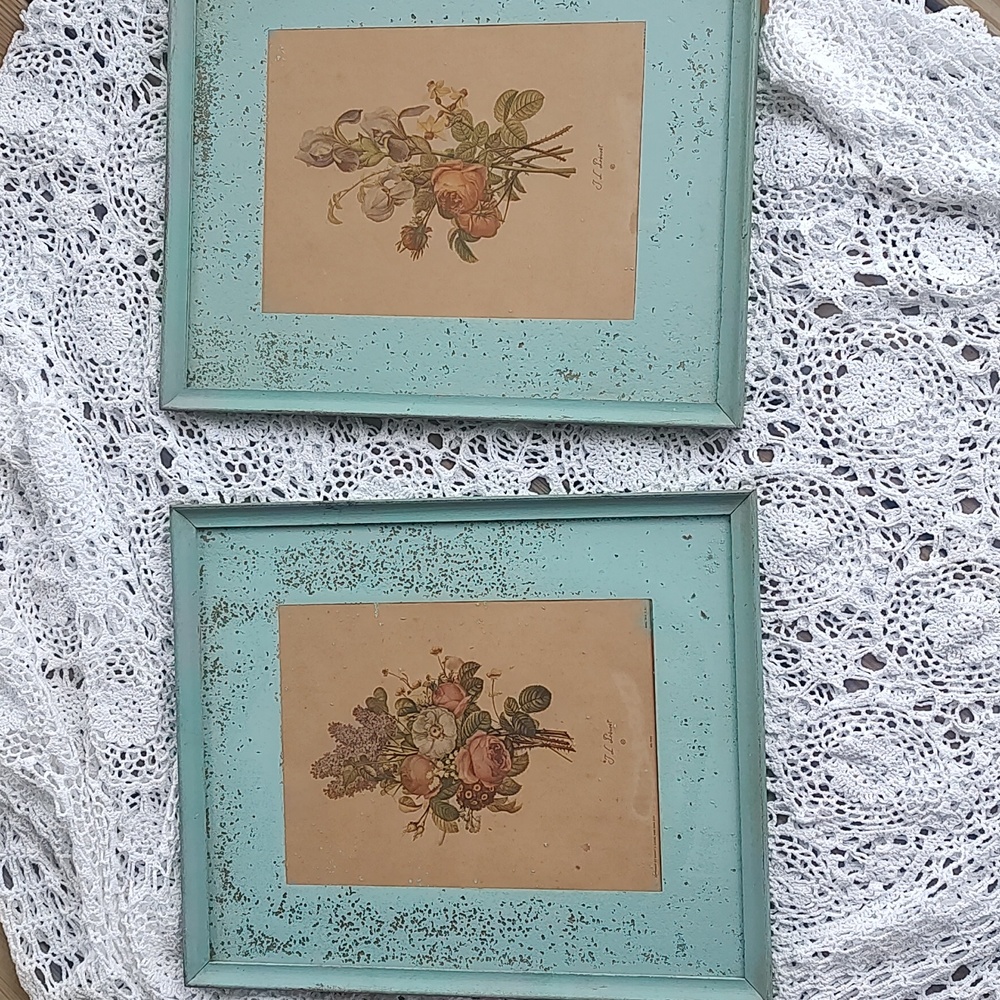 Set of 2 Vintage/Antique Jean Louis J.L Prevost floral prints in blue frames